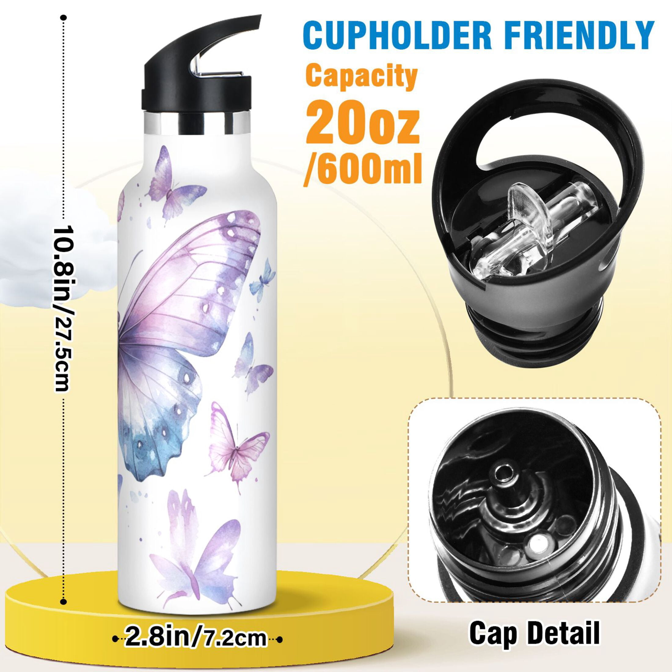 Kids Insulated Stainless Steel Sports Water Bottle 600ml (20oz) A Flock Of Butterflies