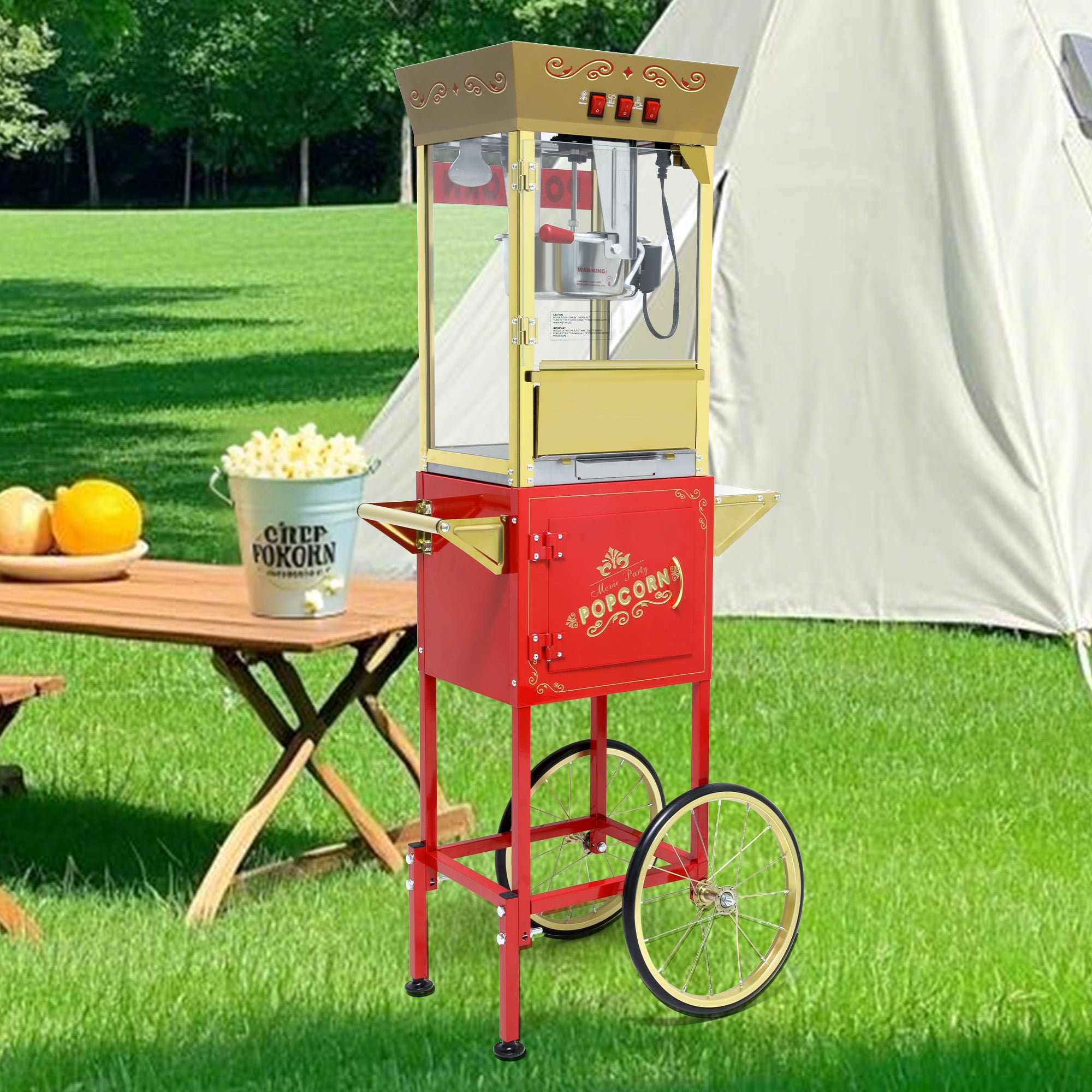 Aukfa Popcorn Machine with Cart, Popcorn Maker with 12 Oz Kettle Makes Up to 80 Cups for Commercial Home Movie Theater, Red