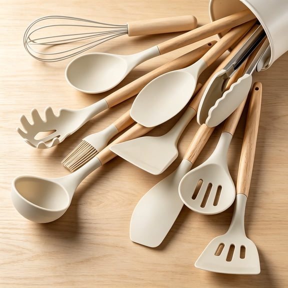Wooden handle silicone kitchen small tool set of 12 pieces, including silicone tongs, ladles, spoons, etc. for non-stick pan cooking, with wooden handles for the silicone kitchen tools set