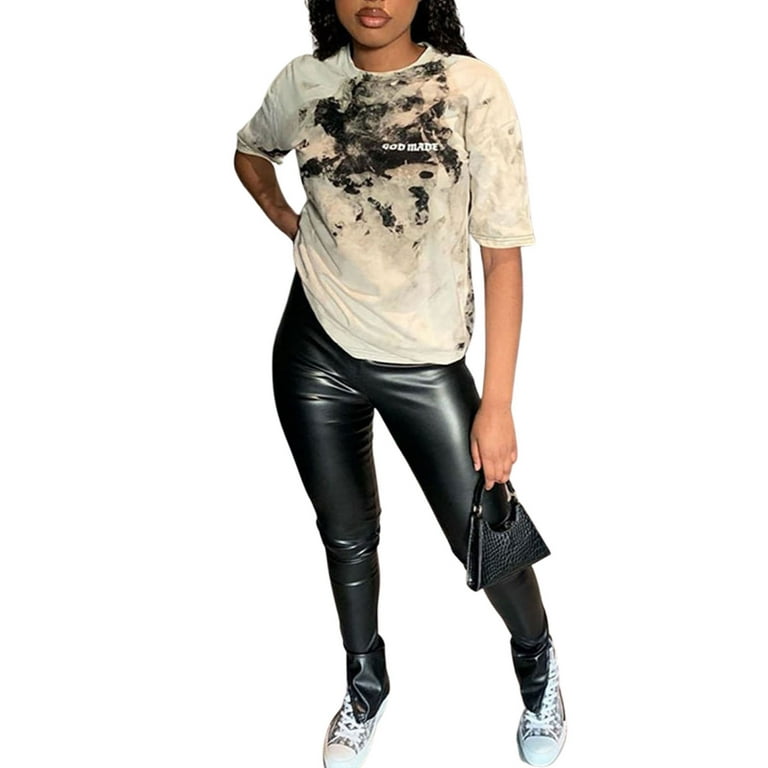 Women's Faux Leather Legging Punk Solid Color Pu High Waist Hem
