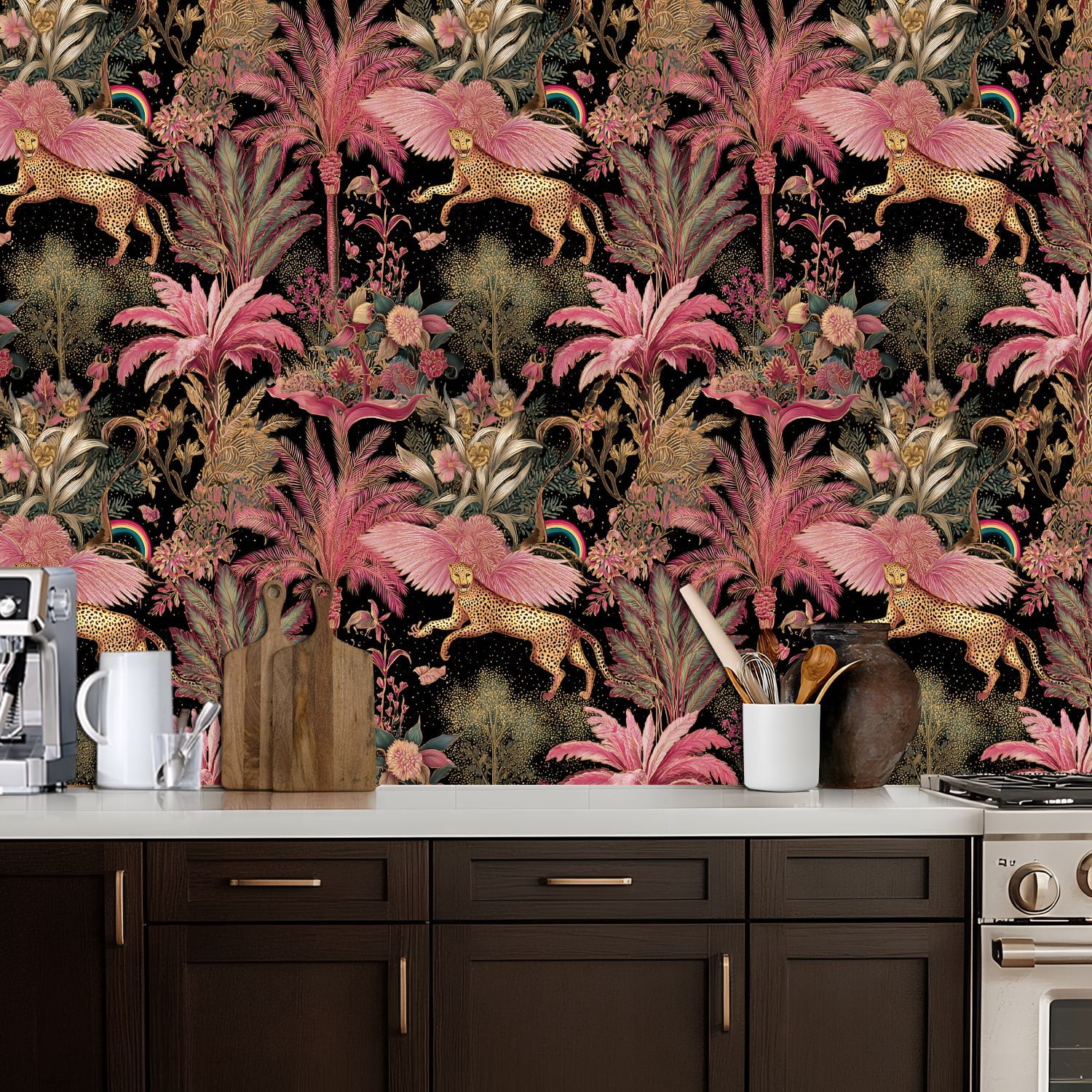 Peel and Stick Wallpaper Leopard Pink Wings Among Tropical Plants Vibrant Wall Mural 17.7in x 9.8ft Self Adhesive Removable Wall Paper Renter Friendly Wallpaper for Nursery Bedroom Cabinets