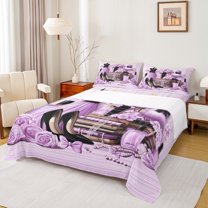 jejeloiu Purple Princess Dress Queen Sheet Sets,Girls High Heels Perfume Flat Sheet,Valenine Flower Queen Fitted Sheet For Girls,Ultra Soft Home Decor,4pcs