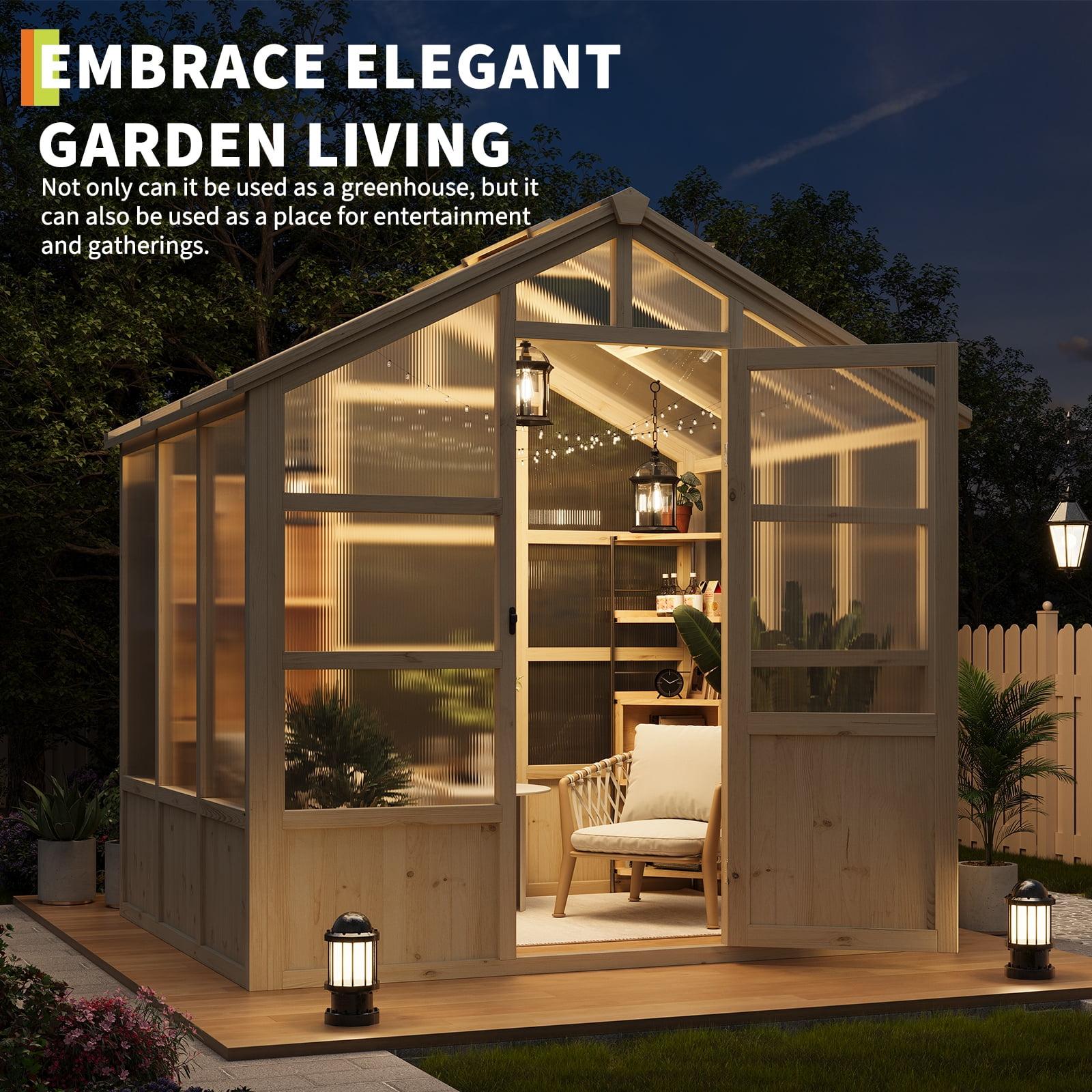 Shininglove 6x8FT Spruce Wood Greenhouse w/Lockable Door & Adjustable Vent – Heavy-Duty Polycarbonate Panel Outdoor Garden House (Light Brown)