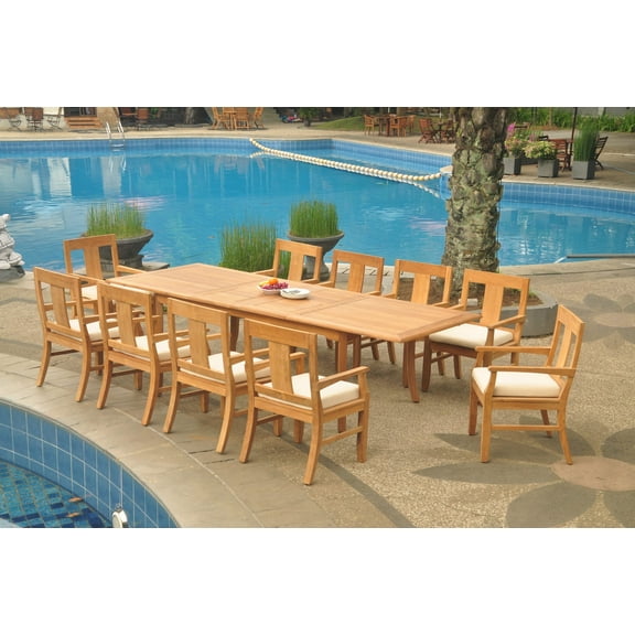 Grade-A Teak Dining Set: 10 Seater 11 Pc: 118" Double Extension Rectangle Table And 10 Osborne Arm Chairs Outdoor Patio WholesaleTeak #WMDSWVm