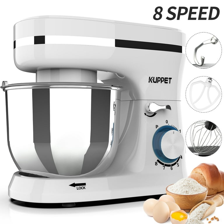 KUPPET Stand Mixer, 8-Speed Electric Mixer, Tilt-Head Food Mixer with Dough  Hook, Wire Whip & Beater, 4.7QT Stainless Steel Bowl, White 