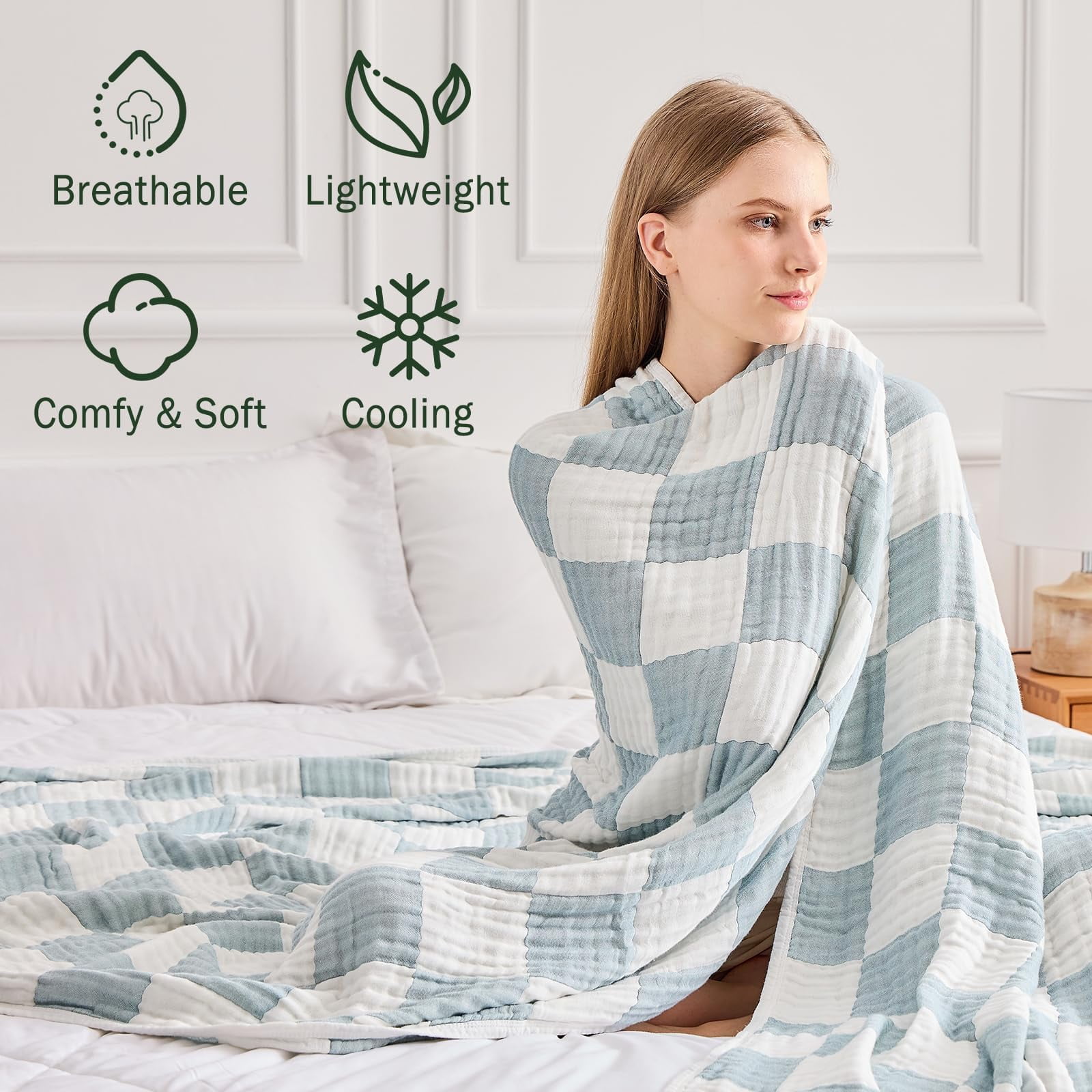 EMME Checkered Blanket Cotton Queen Size for Bed Soft 6 Layer Muslin Bed Blankets 80"x90" Lightweight Breathable Blanket All Season Gauze Blanket, Checkeredboard Green