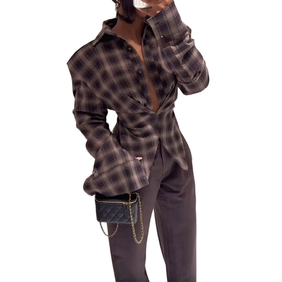 Womens Plaid Shirt V-Neck Button Asymmetric Slim Long Sleeve Checkered Blouse Tops Brown L