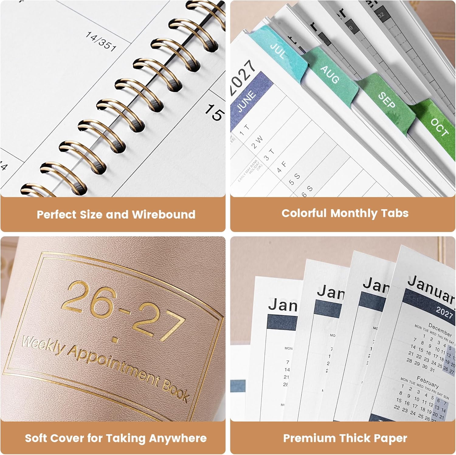 Appointment Book Daily Hourly Planner, July 2026-June 2027, 8.5 x 11 In, Weekly Schedule With 15-Minute Intervals, Flexible Soft Cover, Colorful Tabs, Off-White