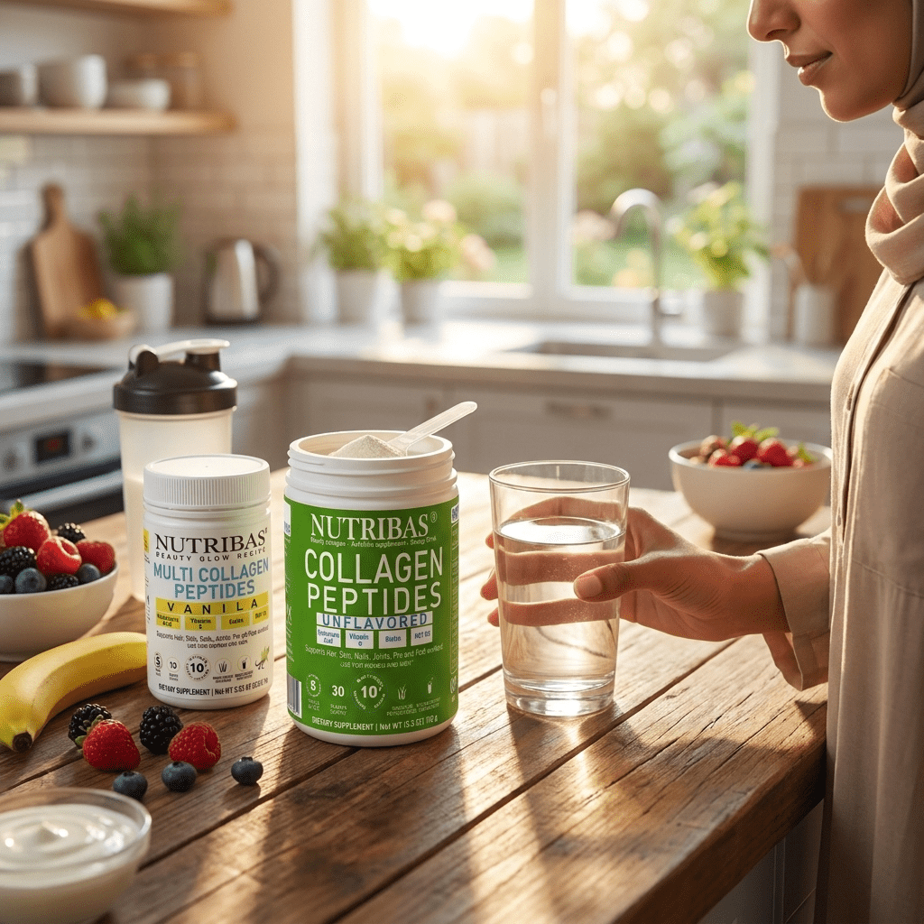 Nutribas Protein Multi Collagen Peptides Powder for Whole Body Support with MCT, Vitamin C, Biotin & Hyaluronic Acid, Unflavored & Vanilla, 9 oz