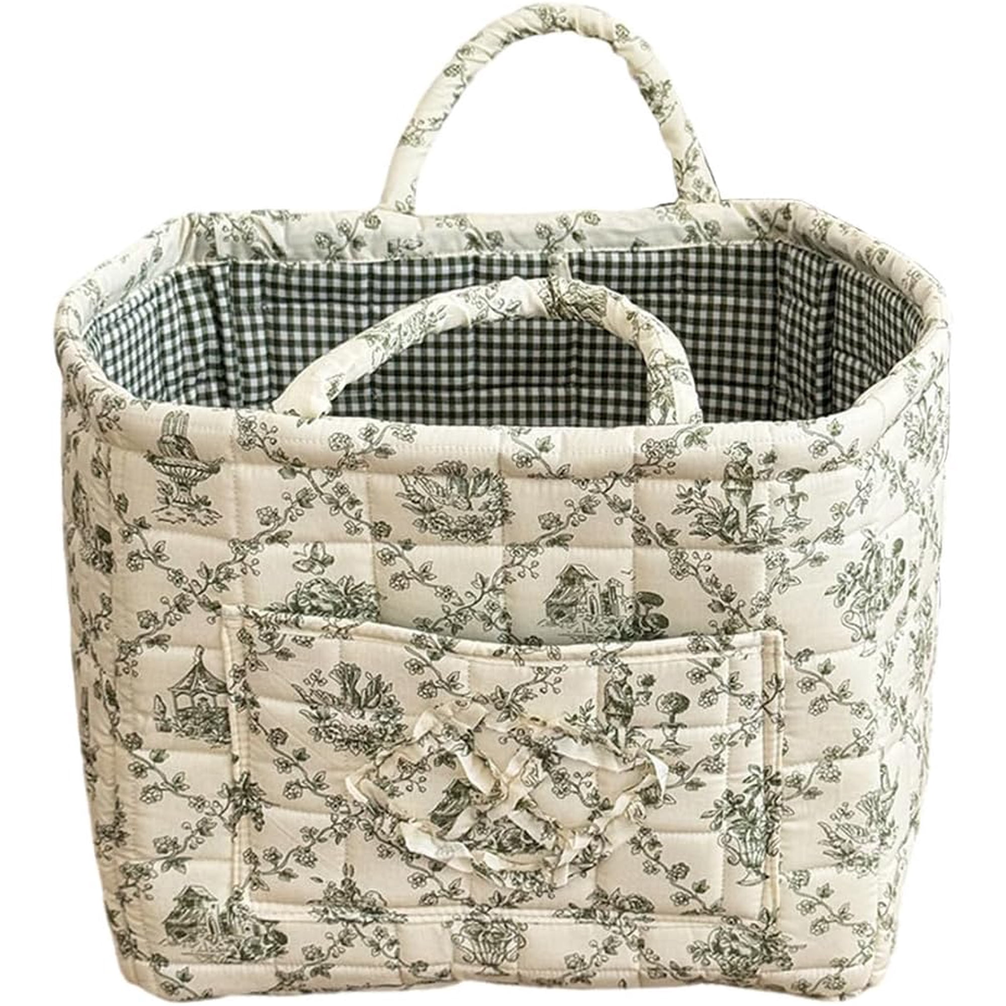 Floral Foldable Storage Basket Cotton Quilted with Handles Fabric Storage Bin for Home Laundry Toy Organization Portable Lightweight Organizer for Picnic Shopping