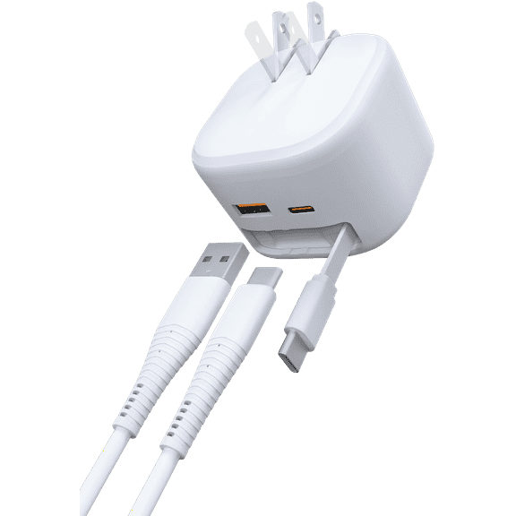 Bluestone 50W Retractable Wall Charger | Super Fast Charging | Dual USB-A & USB-C Ports with Built-In 3ft Retractable Cable | Foldable Plug | Compact 3-in-1 Power Adapter for Apple & Android Devices