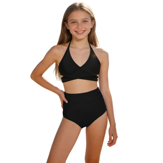 RXMEKW Bikini Swimsuit Set for Girls Two-Piece Solid Color with Snap Closure and Ruffle Design for Pool and Beach