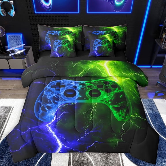 Homewish Video Game Twin Bedding Sets 7-Piece for Female Men Adults,Blue Green Bedding Comforter Set Microfiber,Abstract Lightning Gamepads Breathable Sheet Sets,Microfiber Bedroom Decor,Reversible