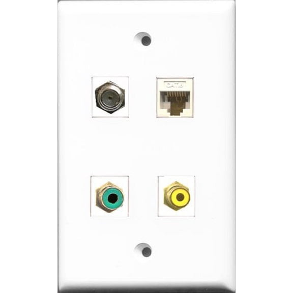 RiteAV 1 Port RCA Yellow and 1 Port RCA Green and 1 Port Coax Cable TV- F-Type and 1 Port Cat6 Ethernet White Wall Plate