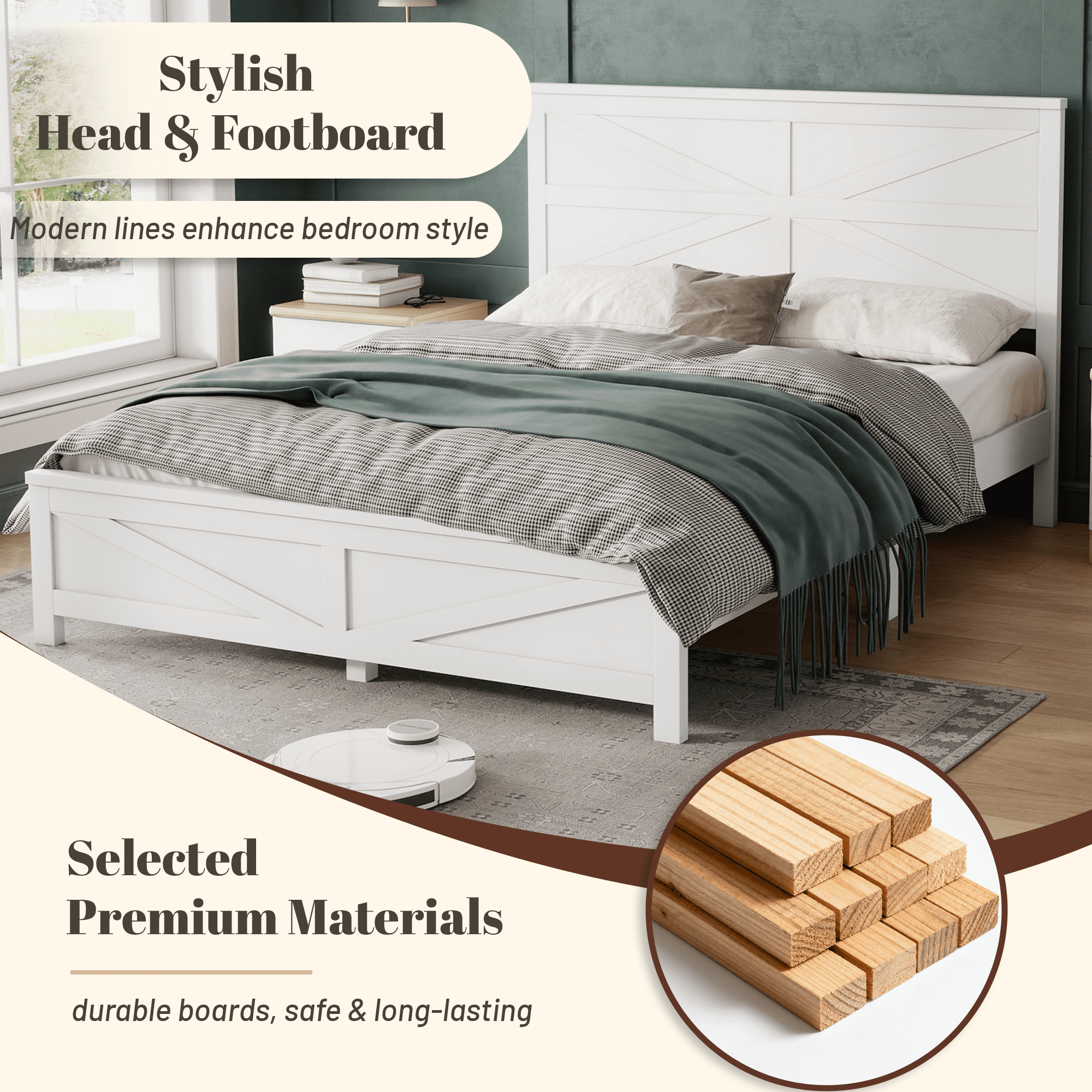 Leumius Farmhouse Style Queen Size Bed with Barn Door Designed Headboard and Footboard, Pinewood Bed with Strengthened Bed Frame for Teens Adults White