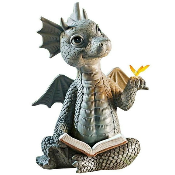 Garden Reading Book Little Dragon Sculpture Cute Dragon Statues Resin Dragon Sculptures Art Ornament for Lawn Yard Home Decor