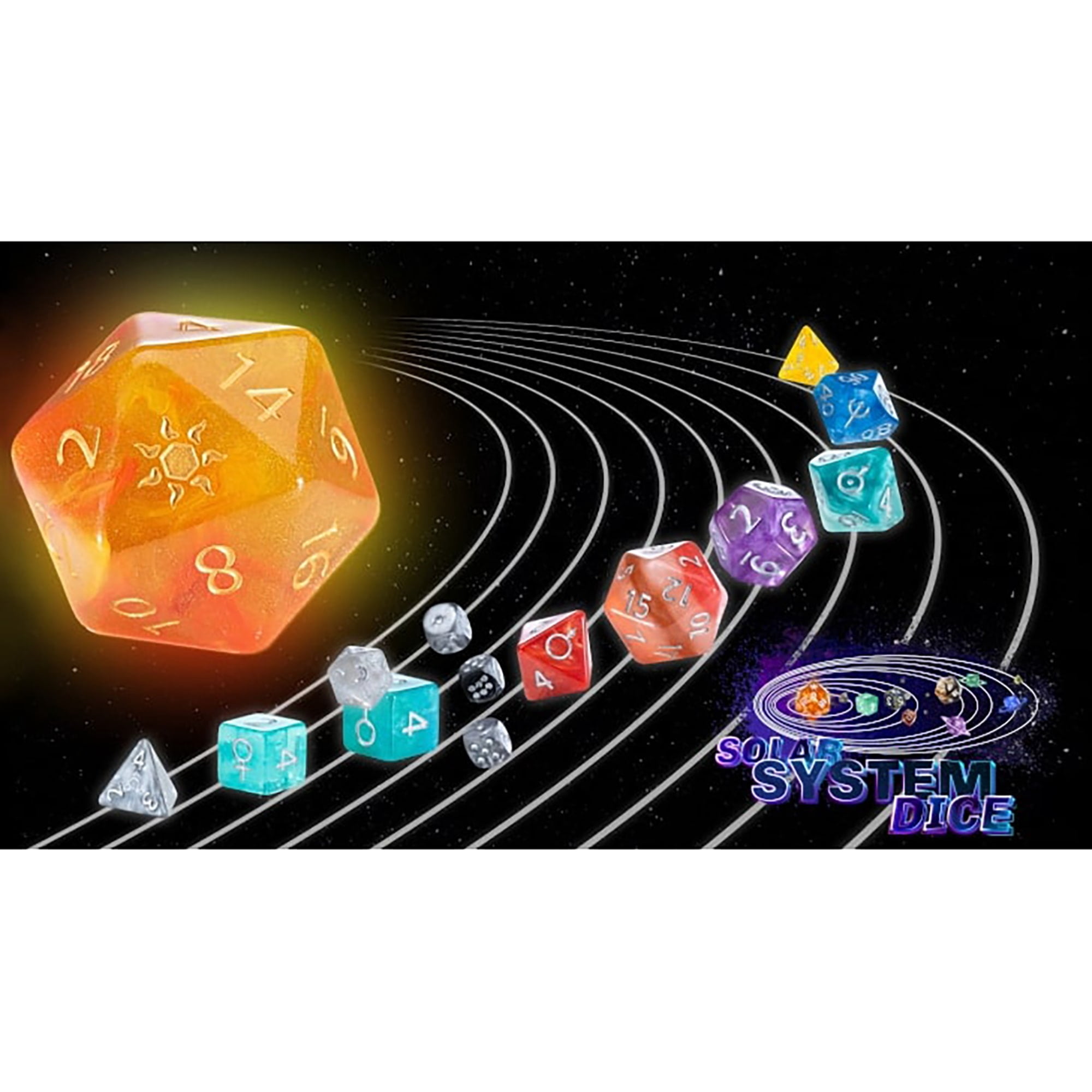 Solar System Dice - 14pc RPG Resin Set, Unique Die For Each Planet Or Solar System Object, Greek-Medieval Astronomy Symbols