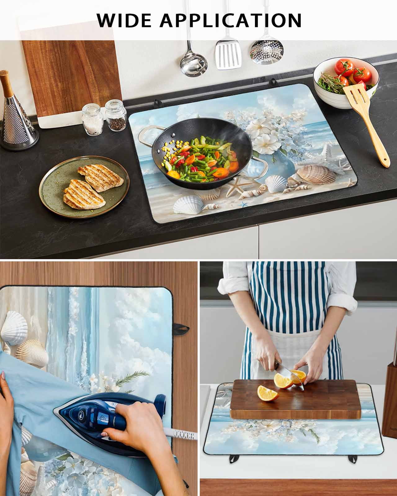 nqOlkjepod Large Induction Cooktop Protector Mat 36"x21", Coastal Flowers Stove Top Covers for Electric Stove, Blue Ocean Starfish Shell Beach Scenery Stove Burner Cover Mats, Glass Top Stove Cover