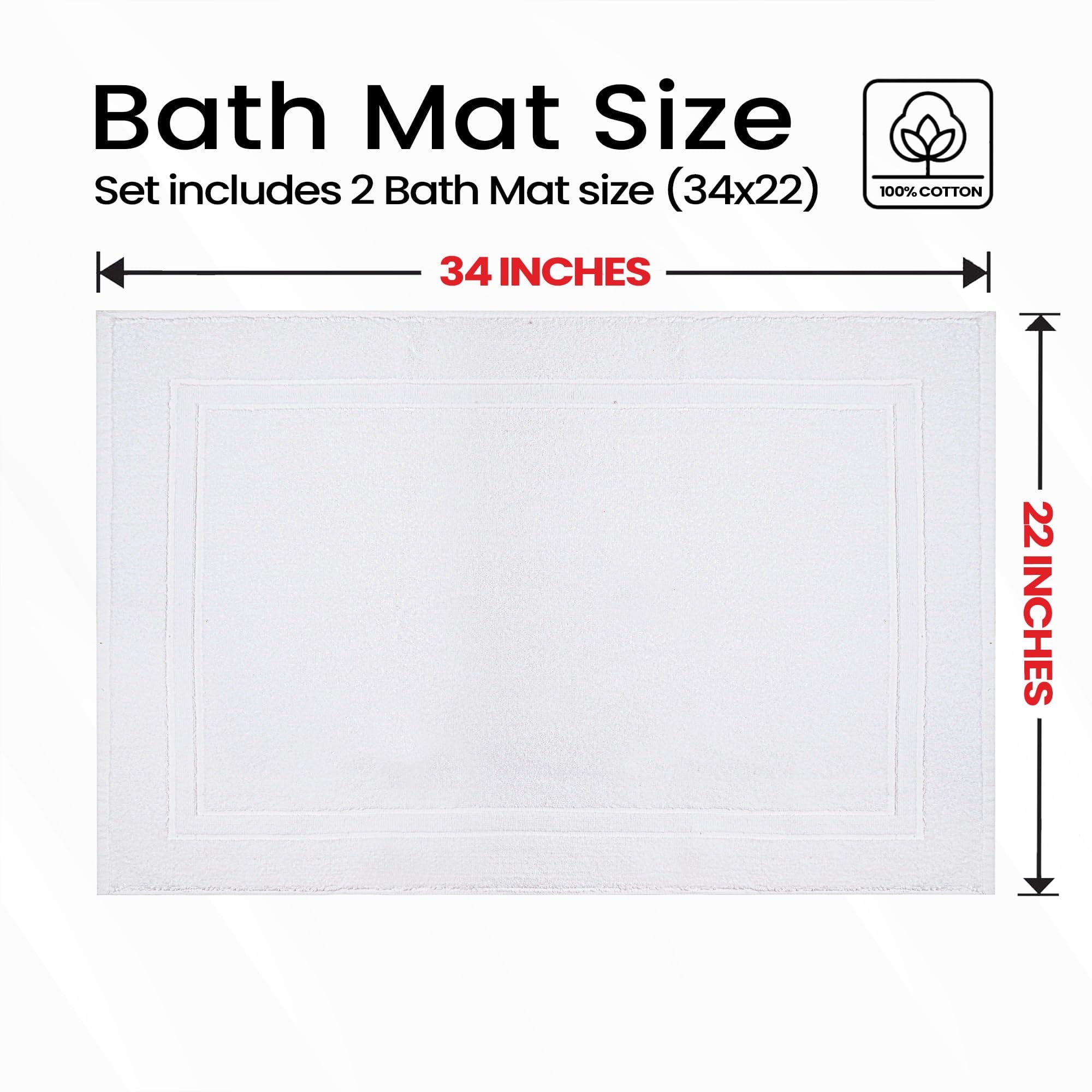 Premium Cotton Banded White Bath Mats Pack of 2, 22x34 inches [Not a Bathroom Rug] - Infinitee Xclusives