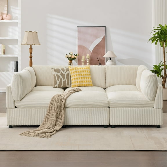 papajet 97" Corduroy Modular Sectional Sofa Bed, U-Shaped, Deep Seat, Beige