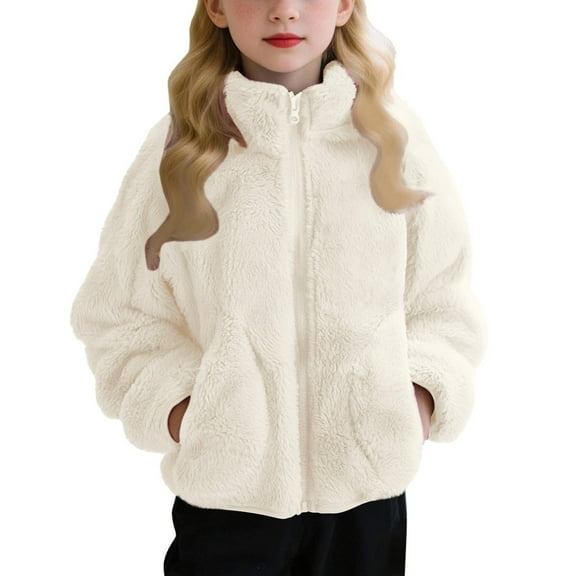 Girls Winter Warm Coat Kids Fuzzy Sherp𝐚 𝐉acket Fau𝐱 Fu𝐫 Plush Sweatshirt Trendy Furry Zip Up Stand Collar Outerwear