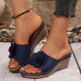 thumbnail image 3 of Rokment Women's Floral Platform Wedge Dress Slip on Sandals Boho Summer 3D Flower Leather Open Toe Comfortable Orthopedic Arch Support High Heels Walking Slides Slippers Blue Size 6, 3 of 5