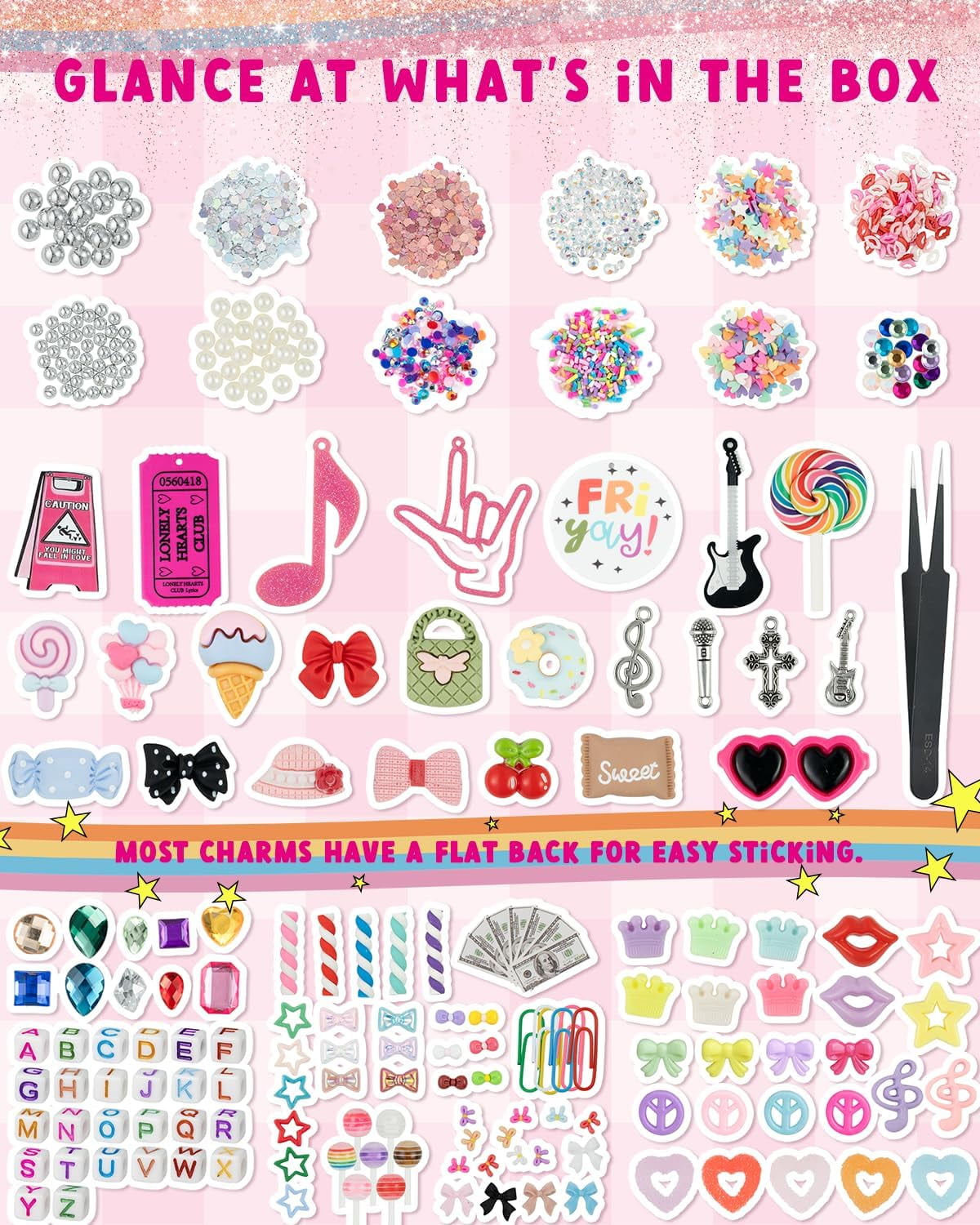 2250 Pcs Junk Case Charms Kit, Charms for Junk Cases, Phone Case Charms, Junk Case Kit with Big Charms, Bow Charms, Nail Charms, Letter Beads, Pink Charms,Junk Beads Charms