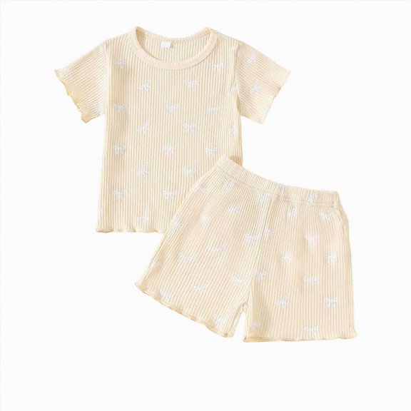 Ccpelsie Kid Girls Clothes Outfits Cute Sweet Bowknot Print T-Shirt Bowknot Short Summer Clothing Set(Beige,2-3 Years)