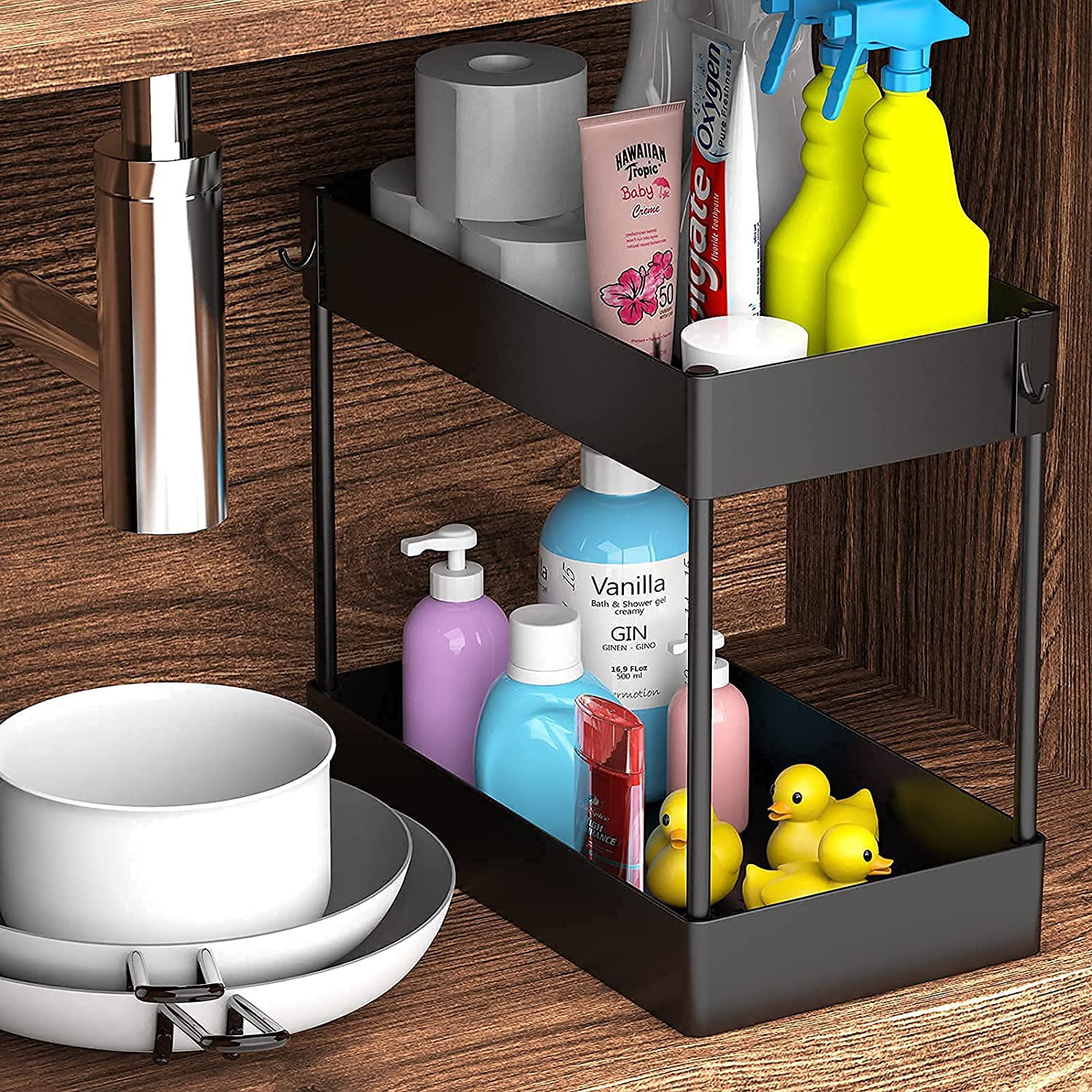 2 Tier Matal Expandable Under Sink Shelf Shelf Cabinet Kitchen Bathroom Rack US 
