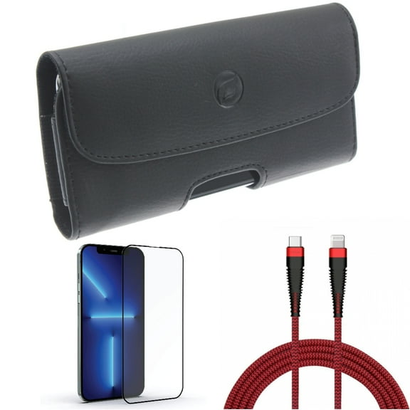 Screen Protector & Case Belt Clip & PD Cable for iPhone 13 Pro Max ONLY - Anti-Glare Tempered Glass Matte   Leather Holster Cover   10ft USB-C to iPhone Charger Combo