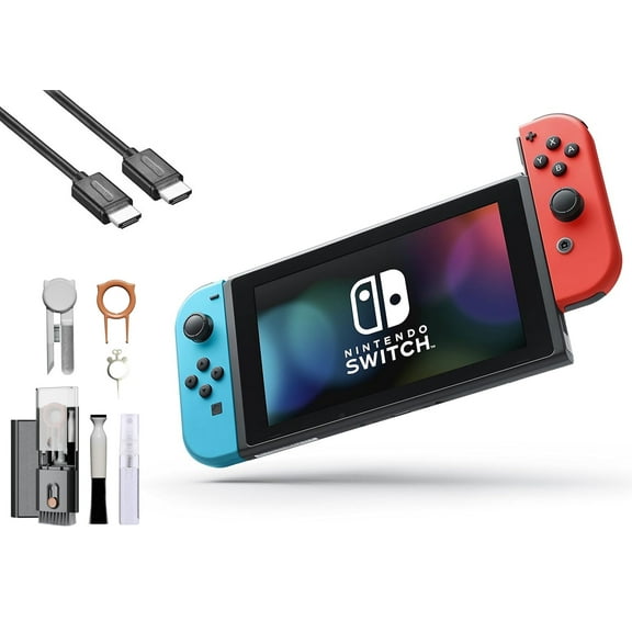 Pre-Owned Nintendo Switch - Neon Blue and Neon Red Joy-Con with HDMI Cable BOLT AXTION Cleaning Kit Bundle