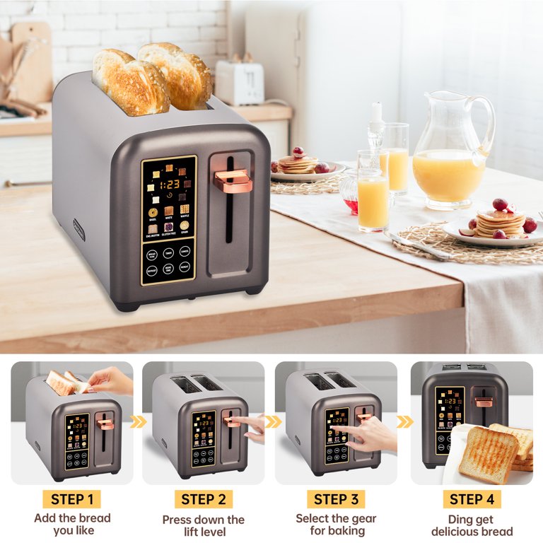 Mecity Toaster 2 Slice Stainless Steel Toaster Countdown Timer, Warming  Rack, Removable Crumb Tray, 6 Browning Settings, Extra Wide Long Slots,  Bread