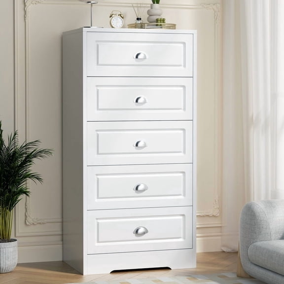 Walsunny 5 Drawer Dresser for Bedroom, Modern Wood Chest of Handle-Drawers, Storage Cabinet Organizer, Wooden Dresser for Bedroom Living Room Closet Entryway, White