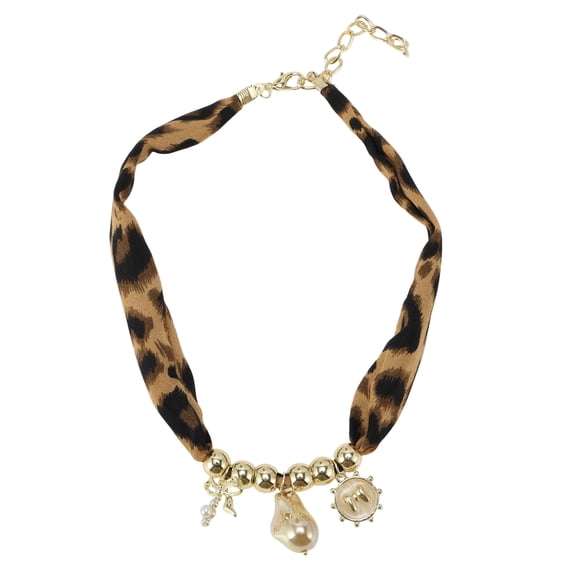 Unique Bargains 1 Pc Leopard Scarf Necklace with Charm Adjustable Tie Statement Choker for Women Brown