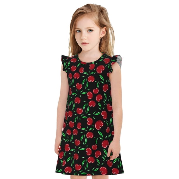 Fotbe Cherry Vestido de Dormir para Niñas de 3 a 10 Años, Mangas Cortas, Estilo Princesa, Pijama Camisón con Mangas Voladas-Small