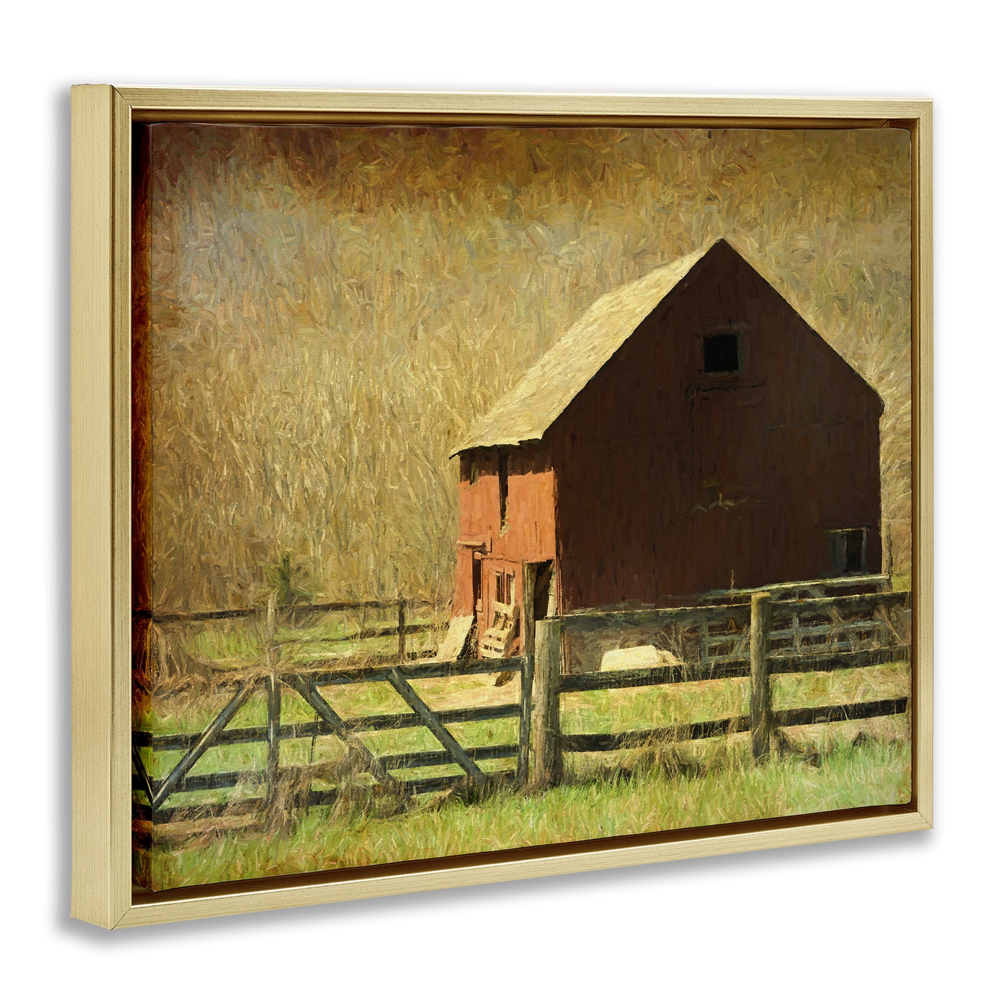 Stupell Industries Red Barn Distressed Pattern Landscape & Nature Painting Gold Floater Framed Canvas Art Print Wall Art, 31 x 25