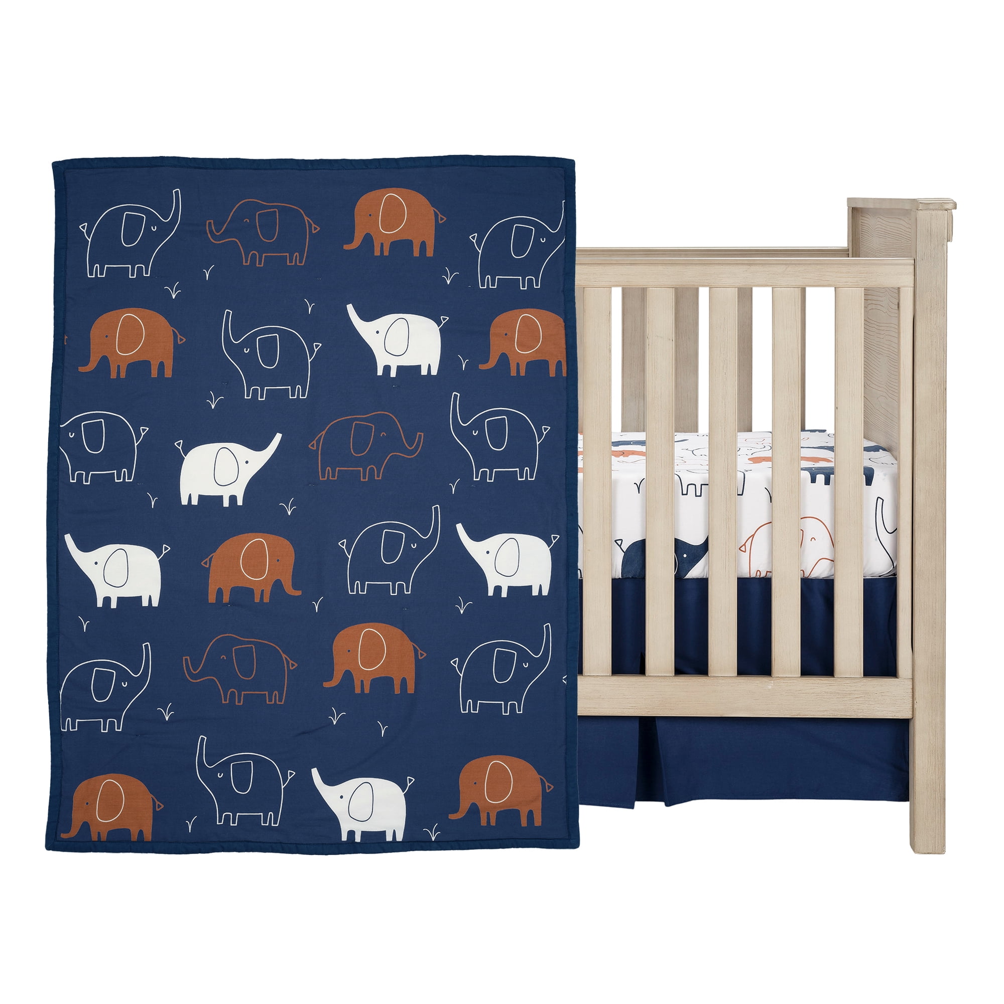 Lambs & Ivy Playful Elephant Blue/White Cotton 3-Piece Baby Crib Bedding Set