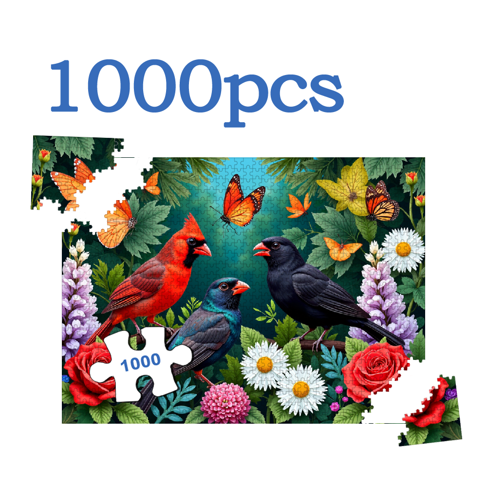 1000-piece horizontal paper jigsaw puzzle - lively birds and butterflies, with dimensions of 29.4*19.6 inches.
