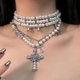 thumbnail image 2 of Collier Croix Perle Superposée Déclaration Gothique Empilé Collier Perle Strass pour Femme, 2 of 8