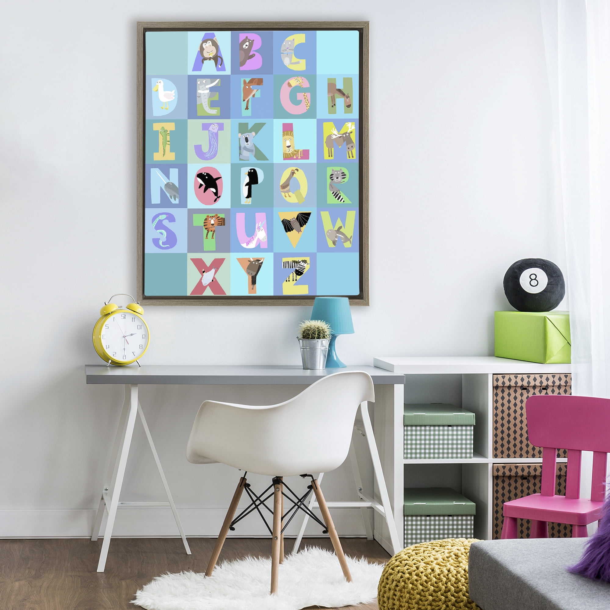 Stupell Industries Animal Alphabet in Blue Brown Framed Floater Canvas Wall Art, design by Carla Daly