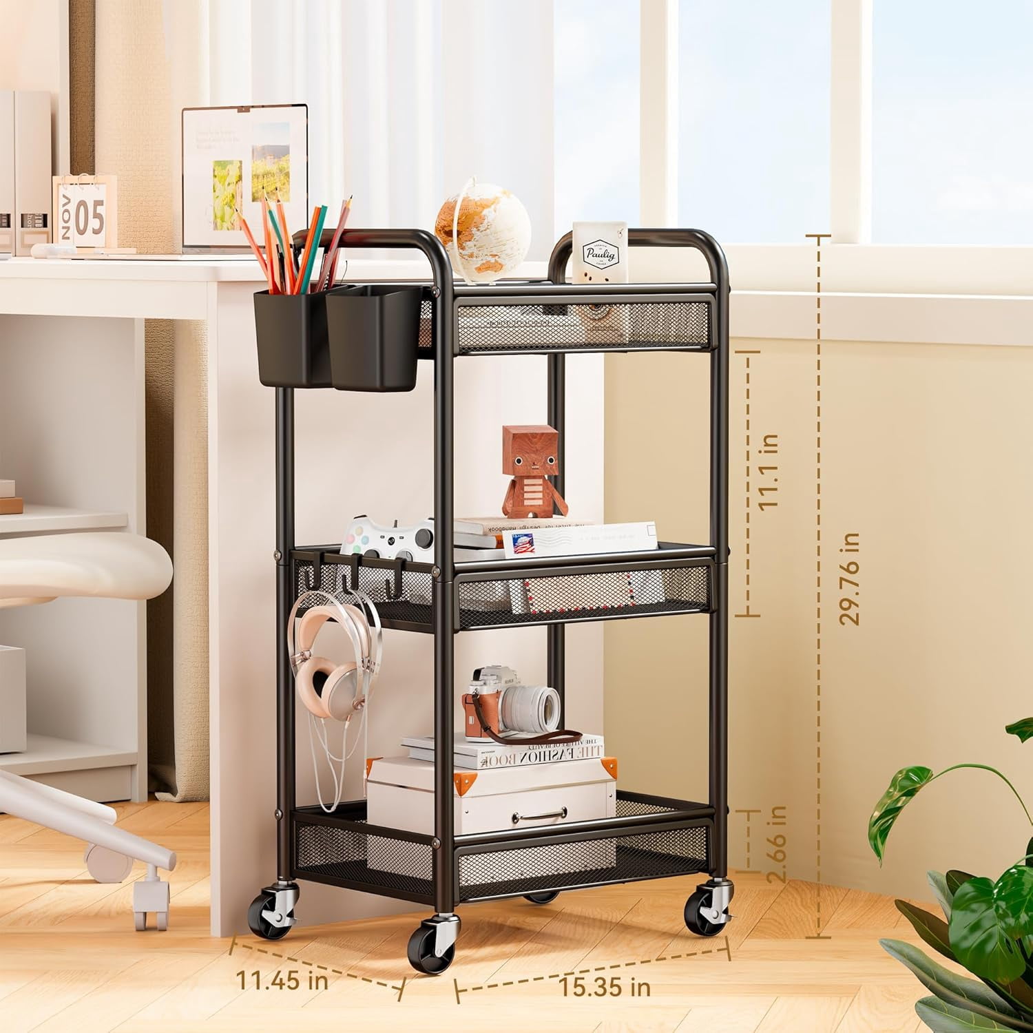 3 Tier Rolling Cart – Metal Utility Storage Carts with Wheels, Craft Cart Organizer with Hanging Cups, Hooks, Mesh Basket for Bedside Kitchen Office Art, Black