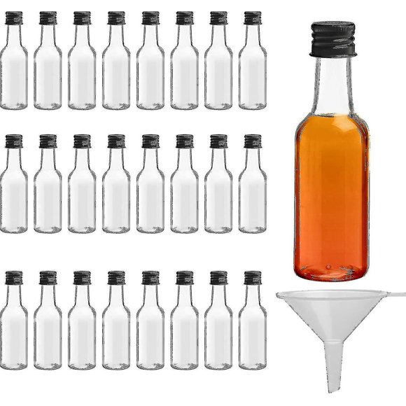 JFBUJC Mini Liquor Bottles (24 Pack) - Reusable Plastic 50ml Empty Spirit Bottles With Black Screw Caps And Liquid Funnel