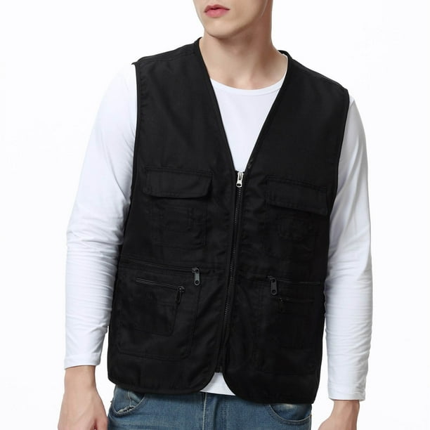 pstuiky Camisetas sin mangas para hombre, Camiseta de tirantes con cuello en V, multibolsillos y cremallera para exteriores, de color liso y práctica para hombre Camisas de hombre xl