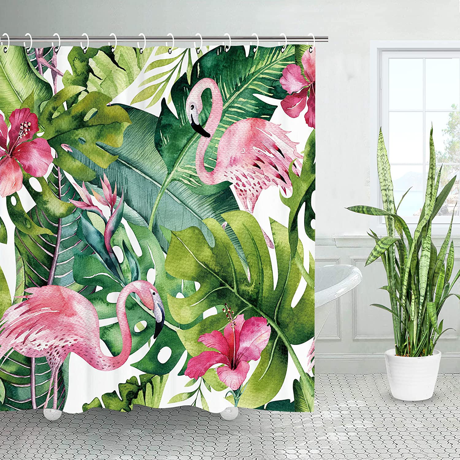 Waterproof Flamingo Shower Curtain Fabric Tropical Leaves and Flowers Print Bath 