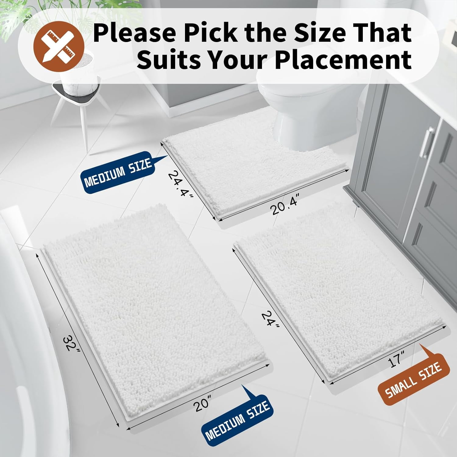 Luxury Shaggy Toilet Bath Mat U-Shaped Contour Rugs for Bathroom, 24.4 X 20.4 Inches, Soft and Comfortable, Maximum Absorbent, Dry Quickly, Non-Slip, Machine-Washable,Bright White