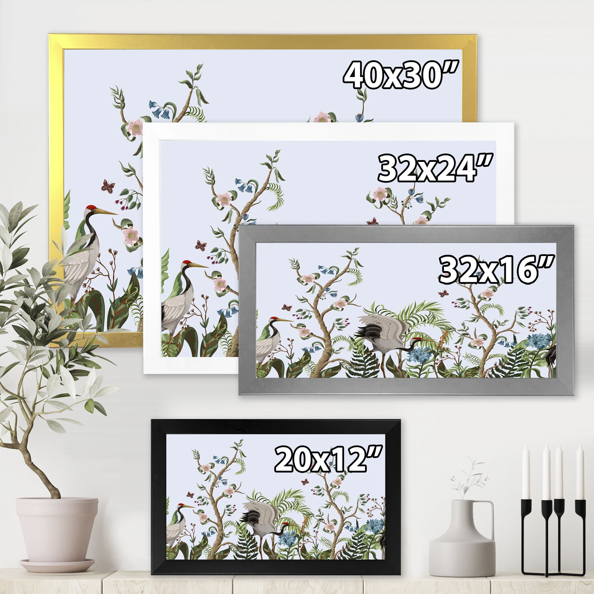Designart 'Border With Peonies and Cranes In Chinoiserie Style' Traditional Framed Art Print