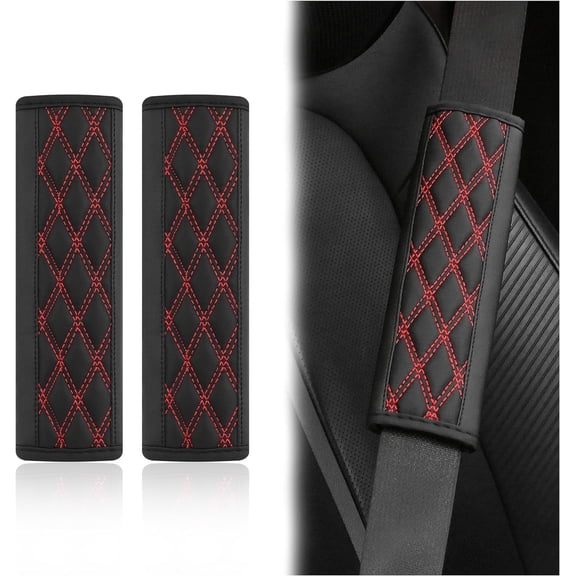 2PCS Car Seat Belt Cover Pads,Leather Seatbelt Covers Protect Shoulder and Neck Accessories Interior,Universal Strap Pads Decorations for Most Cars Trucks (Black/Red)
