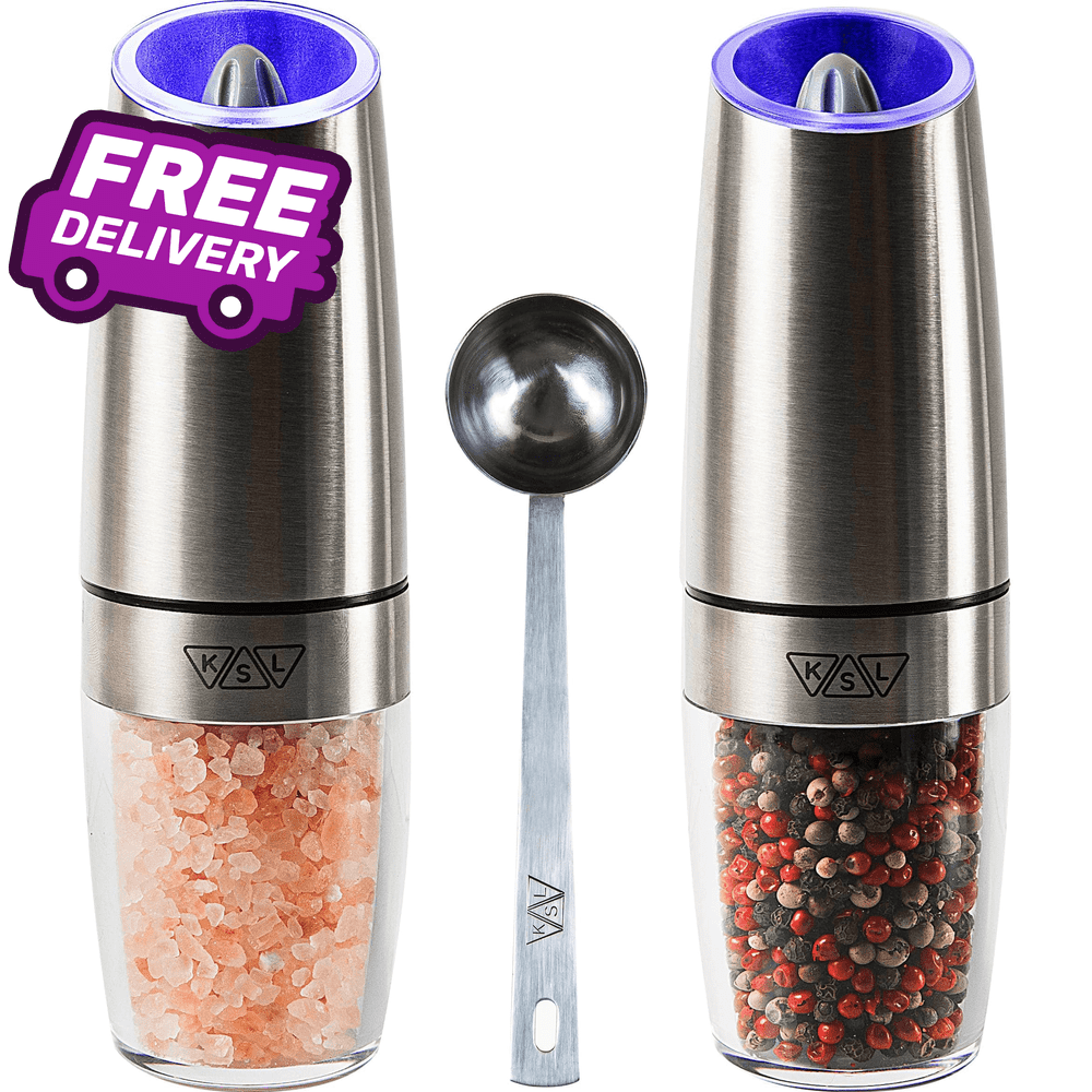 KSL Gravity Electric Salt and Pepper Grinder Set (Silver) Battery Operated Mill, Automatic