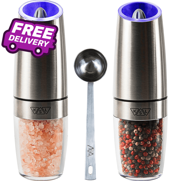 KSL Gravity Electric Salt and Pepper Grinder Set (Silver) Battery
