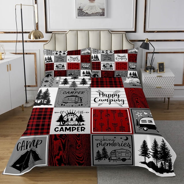 YST Camper King Quilt Sets Rv Camping Bedspread Set Rustic Buffalo Plaid Coverlet Set Camper Accessories For Travel Trailers Bunk Country Camping Bedding Set Red Black Grey